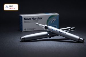 Novo Nordisk Wegovy injection pen on dark background amid obesity drug rivalry and pipeline pressure