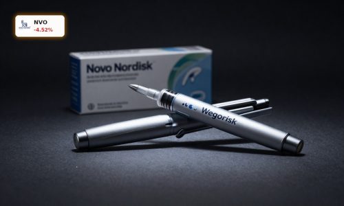 Novo Nordisk Wegovy injection pen on dark background amid obesity drug rivalry and pipeline pressure