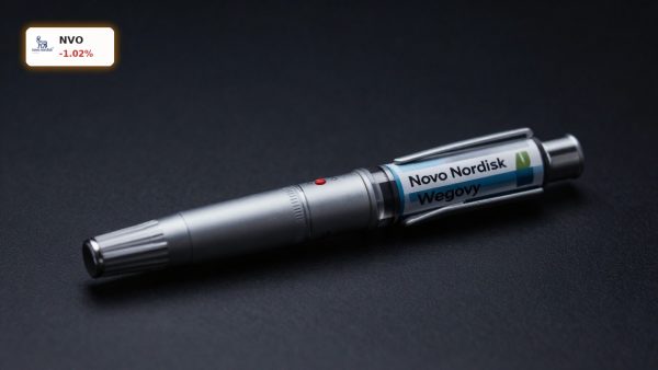 Novo Nordisk Wegovy injection pen on dark background highlighting obesity drug competition