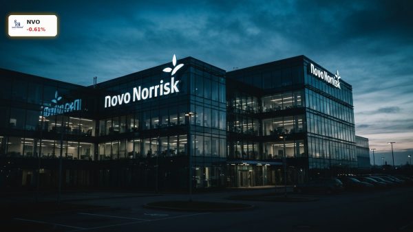 Novo Nordisk Study Data on hemophilia breakthrough at the modern glowing corporate headquarters building at dusk