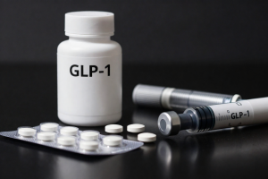 Novo Nordisk GLP-1 competition visual with obesity pill and injectable pen contrasted on dark background