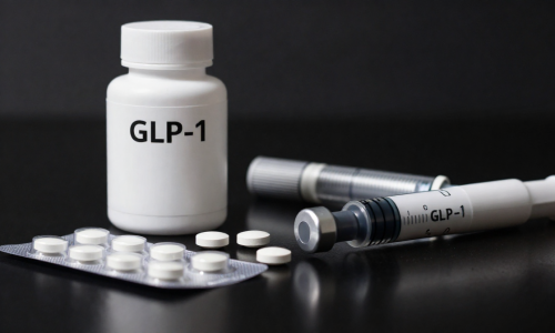 Novo Nordisk GLP-1 competition visual with obesity pill and injectable pen contrasted on dark background