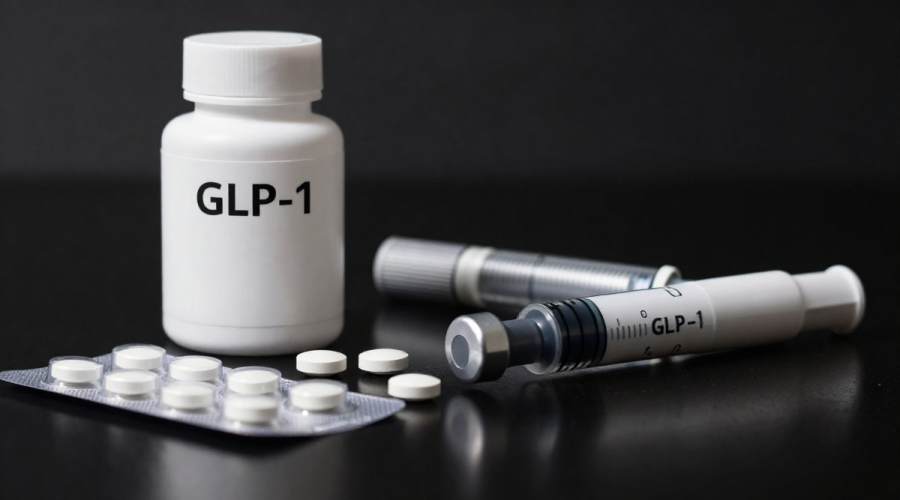 Novo Nordisk GLP-1 competition visual with obesity pill and injectable pen contrasted on dark background