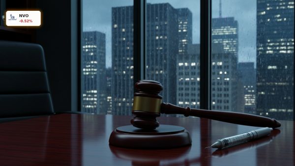 Legal gavel and a sleek medical injection pen on a dark desk, symbolizing the high-stakes Novo Nordisk Lawsuit.