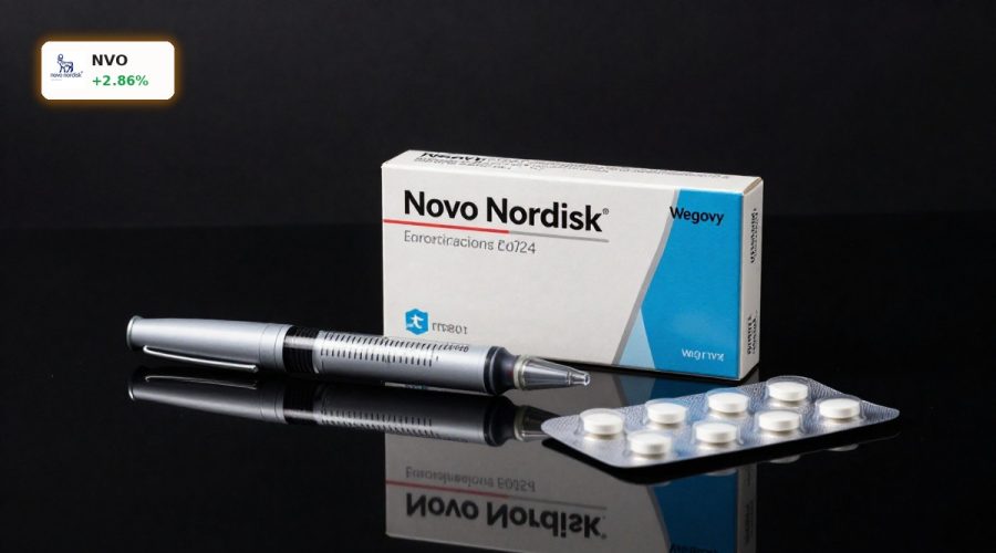 Novo Nordisk Wegovy Strategy products Wegovy pen and pill highlighted against dark background