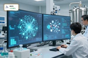 Novo Nordisk AI Partnership researchers using advanced lab and AI tools for drug discovery and GLP-1 supply planning.