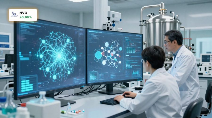 Novo Nordisk AI Partnership researchers using advanced lab and AI tools for drug discovery and GLP-1 supply planning.