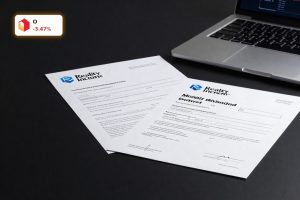 Realty Income Earnings concept with dividend check and stock certificate highlighting 5% yield