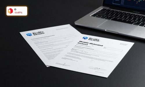 Realty Income Earnings concept with dividend check and stock certificate highlighting 5% yield