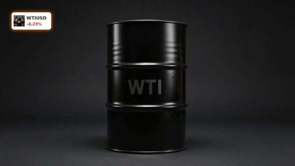 WTI Oil Pullback shown with a crude oil barrel in dark studio lighting as Hormuz tensions ease