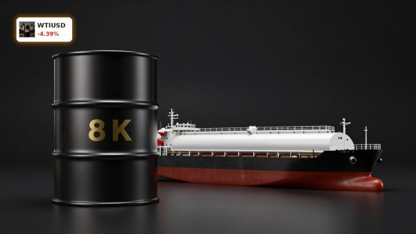 WTI Hormuz Escalation with oil barrel and tanker symbolizing disrupted crude shipping and global energy risk
