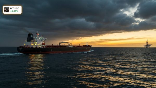 Massive oil tanker navigating dark, stormy seas during a major global oil price escalation.