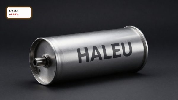 Oklo HALEU Supply concept with premium HALEU fuel canister on dark background for SMR nuclear fuel story