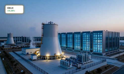 Advanced nuclear reactor beside AI data center illustrating Oklo Nuclear Strategy powering future computing demand