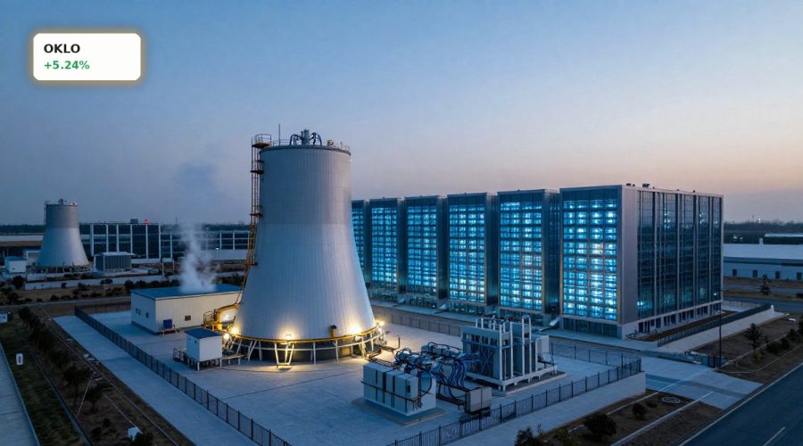 Advanced nuclear reactor beside AI data center illustrating Oklo Nuclear Strategy powering future computing demand