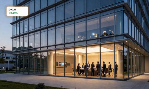 Oklo Leadership Changes reflected in a modern nuclear energy headquarters at dusk
