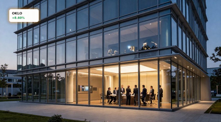 Oklo Leadership Changes reflected in a modern nuclear energy headquarters at dusk
