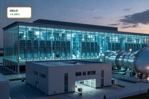 Nuclear microreactor complex beside glowing AI data center highlighting Oklo NVIDIA Partnership