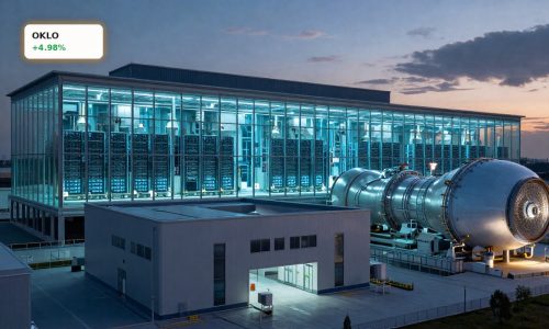 Nuclear microreactor complex beside glowing AI data center highlighting Oklo NVIDIA Partnership