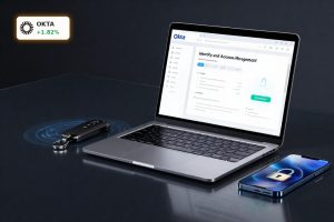 Okta Earnings spotlighted by premium laptop showing identity security dashboard and AI-focused access tools