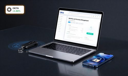 Okta Earnings spotlighted by premium laptop showing identity security dashboard and AI-focused access tools
