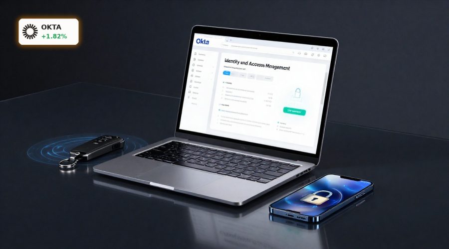 Okta Earnings spotlighted by premium laptop showing identity security dashboard and AI-focused access tools