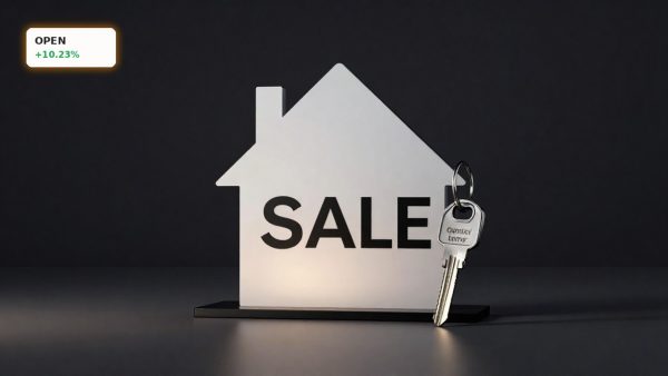 Opendoor Turnaround concept with house key and home sale sign representing OPEN's housing platform rally