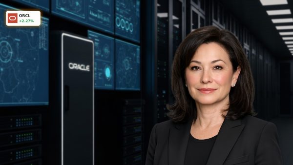 Secure defense data center representing the Oracle Pentagon Deal with glowing server racks.