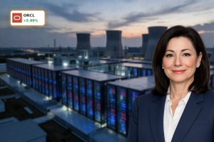 Oracle AI Restructuring visualized by a vast hyperscale AI data center complex at dusk