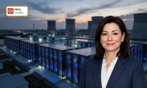 Oracle AI Restructuring visualized by a vast hyperscale AI data center complex at dusk