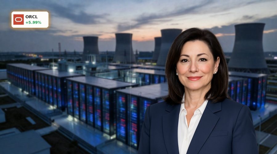 Oracle AI Restructuring visualized by a vast hyperscale AI data center complex at dusk