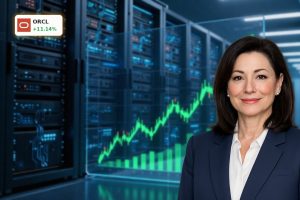 Oracle AI Strategy stock rally chart over data center symbolizing rising gains and debt risk