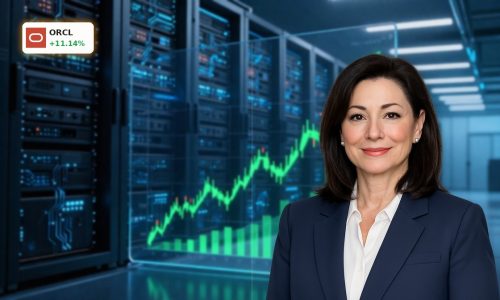 Oracle AI Strategy stock rally chart over data center symbolizing rising gains and debt risk