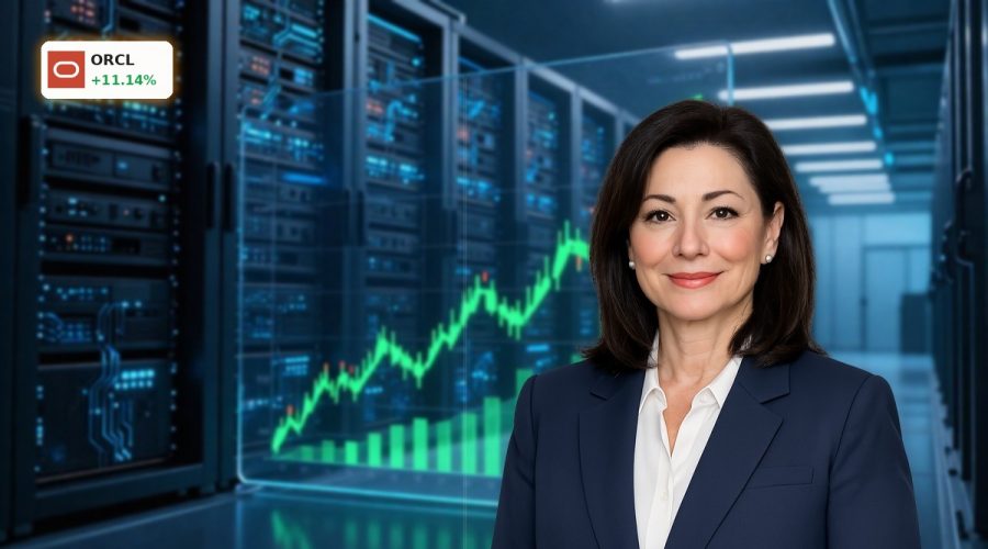 Oracle AI Strategy stock rally chart over data center symbolizing rising gains and debt risk