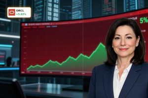 Oracle AI Risks highlighted by ORCL stock chart rallying over 5% against a dark, debt-focused trading backdrop