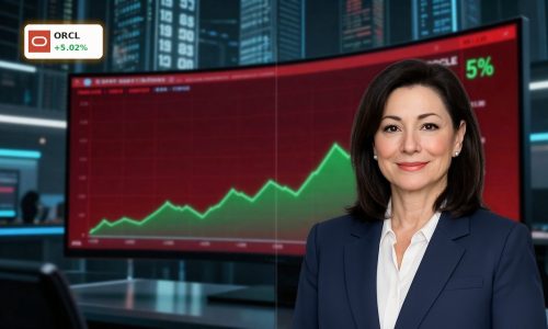 Oracle AI Risks highlighted by ORCL stock chart rallying over 5% against a dark, debt-focused trading backdrop