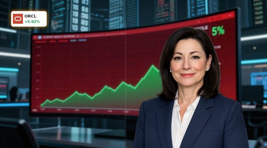 Oracle AI Risks highlighted by ORCL stock chart rallying over 5% against a dark, debt-focused trading backdrop