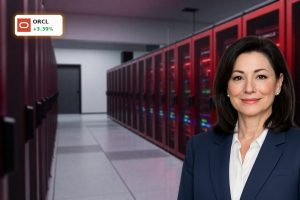 Oracle Google Cloud Partnership visualized by a joint AI data center with glowing servers and cloud infrastructure.