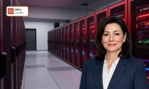 Oracle Google Cloud Partnership visualized by a joint AI data center with glowing servers and cloud infrastructure.