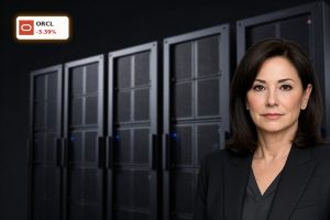 Oracle AI Infrastructure high-end GPU server racks in a dark, premium data center