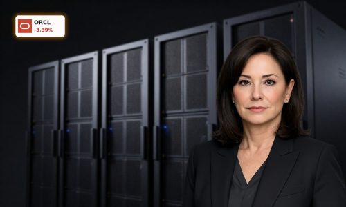 Oracle AI Infrastructure high-end GPU server racks in a dark, premium data center