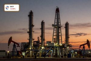 Occidental Petroleum Oil Market tension shown by a large U.S. oil refinery at dusk.