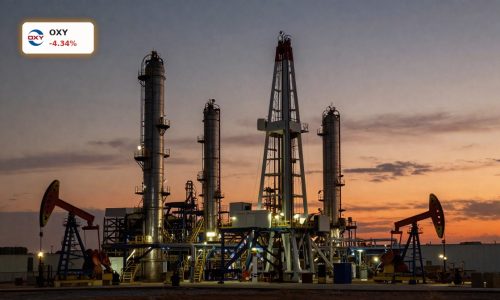 Occidental Petroleum Oil Market tension shown by a large U.S. oil refinery at dusk.