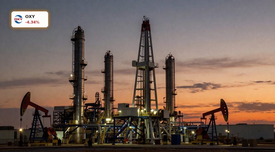 Occidental Petroleum Oil Market tension shown by a large U.S. oil refinery at dusk.