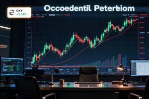Occidental Petroleum Earnings anticipation reflected in a rising OXY stock candlestick chart linked to oil prices and Buffett’s stake.