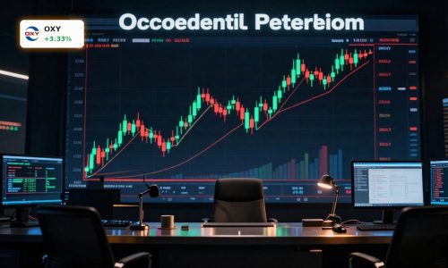 Occidental Petroleum Earnings anticipation reflected in a rising OXY stock candlestick chart linked to oil prices and Buffett’s stake.