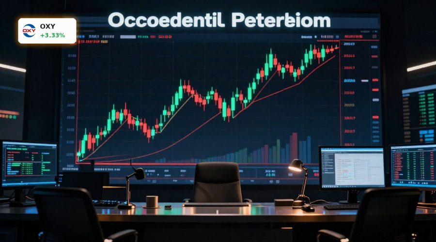 Occidental Petroleum Earnings anticipation reflected in a rising OXY stock candlestick chart linked to oil prices and Buffett’s stake.