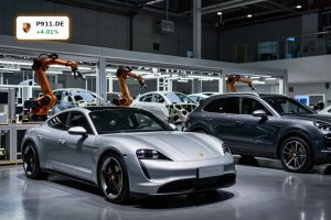 Porsche Earnings under pressure shown by luxury sports cars in a tense factory setting.