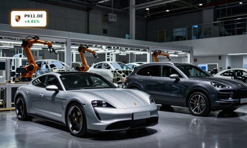 Porsche Earnings under pressure shown by luxury sports cars in a tense factory setting.