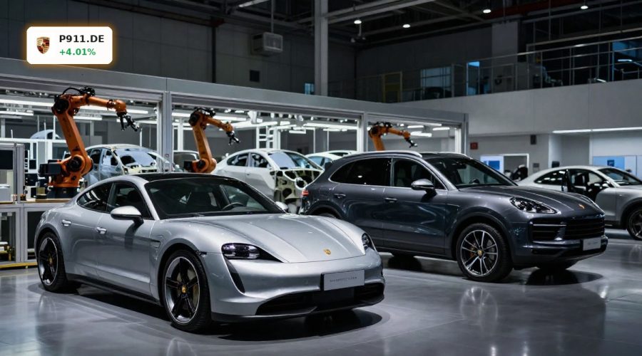 Porsche Earnings under pressure shown by luxury sports cars in a tense factory setting.